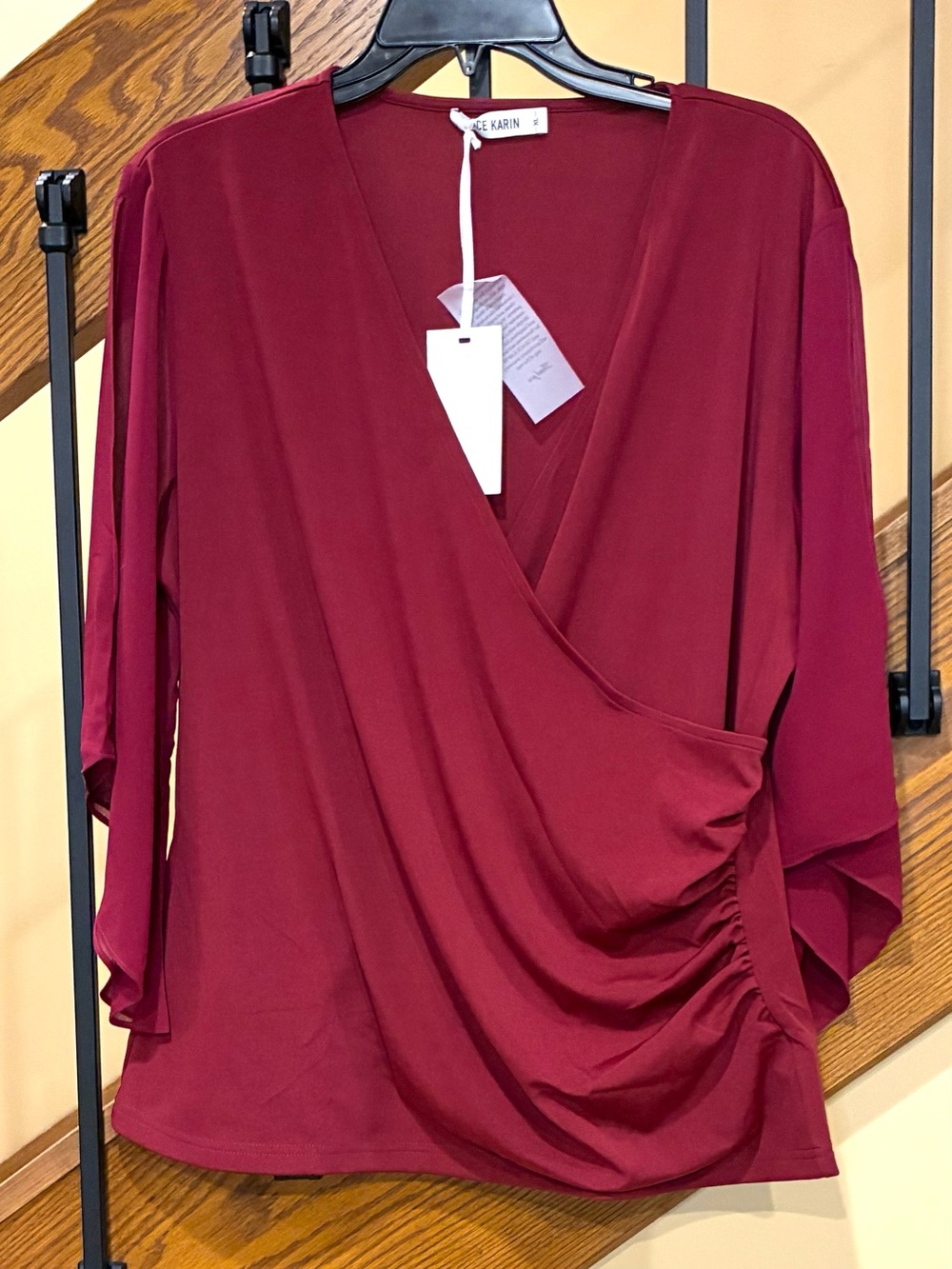 Grace Karin Blouse Ruched V-Neck sheer bell sleeve burg red SZ. XL NWT